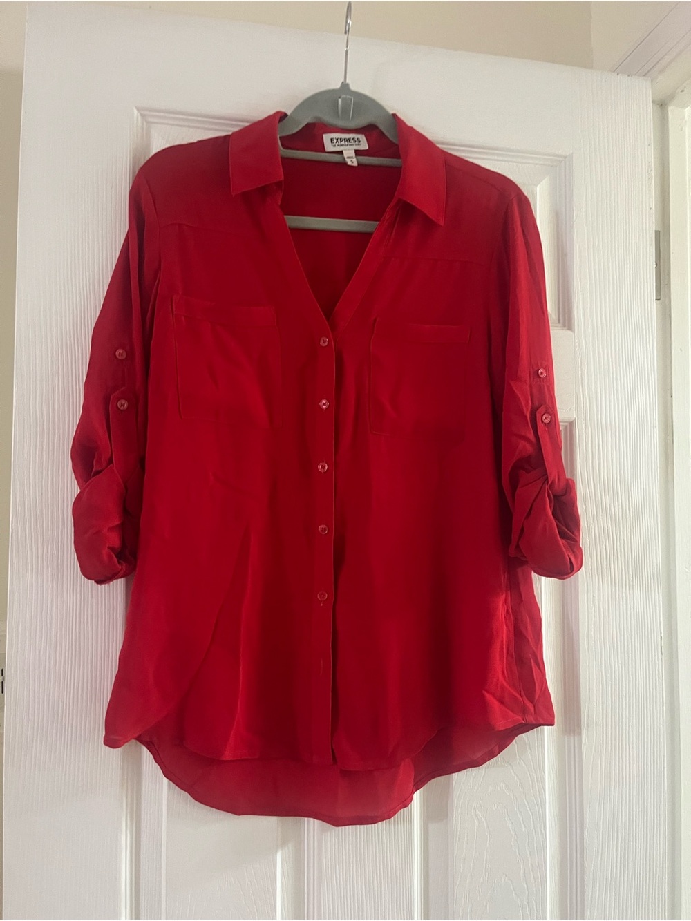 Express Scarlet Red Roll-Tab Button Down Blouse